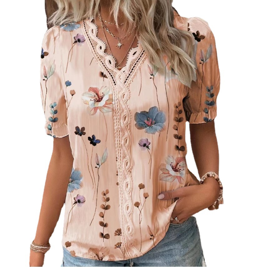 Womens Vintage Floral Lace V Neck T Shirt Comfortable Slim Fit Short Sleeve Summer Casual Wear Ready to Ship
