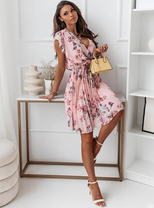 Summer Ruffle Sleeve V Neck Digital Print Dress Womens Casual Style Lightweight Fabric for Warm Weather Wholesale