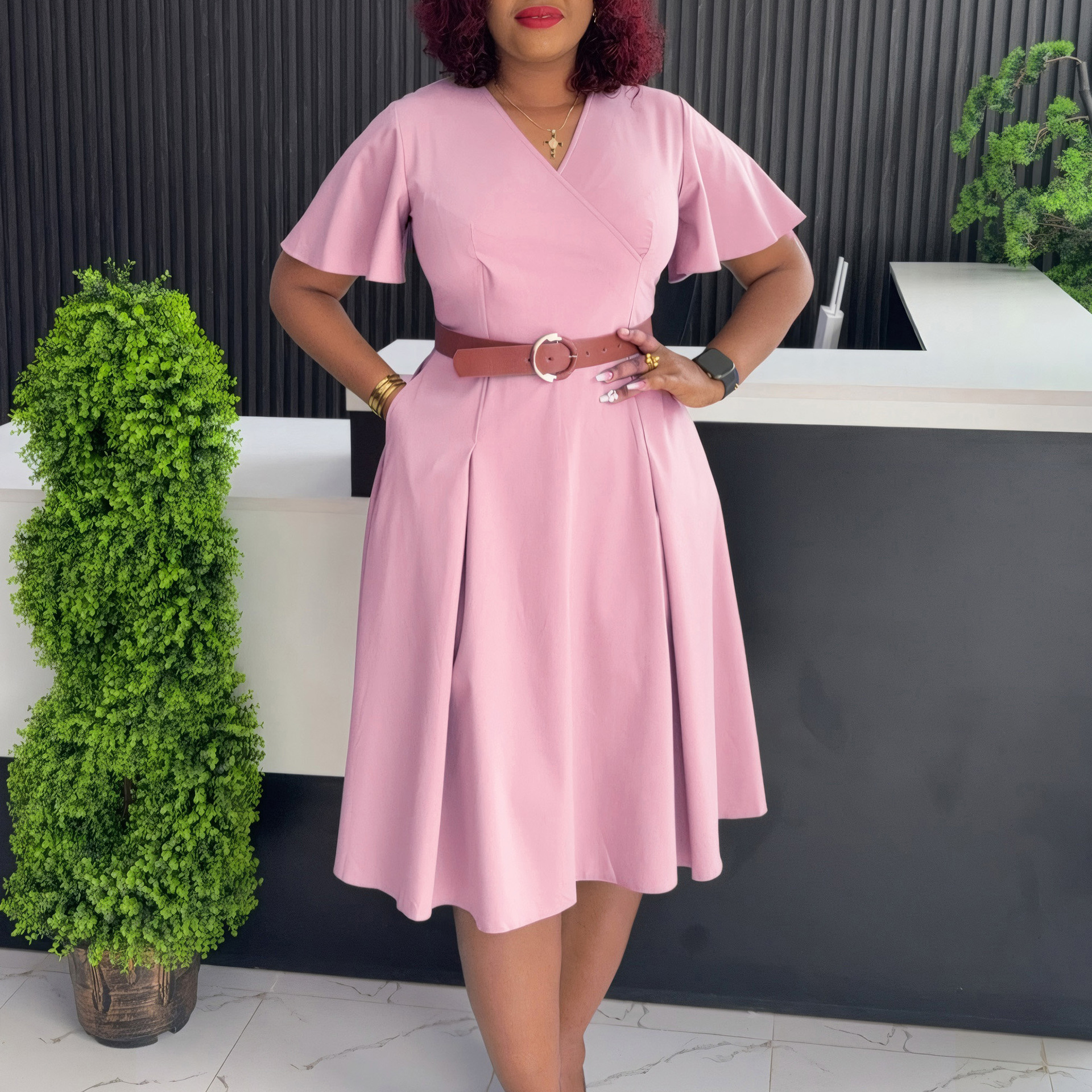 Summer New Women's V Neck Flare Sleeve Casual A Line Dress for Cross Border Fashion in Europe and America, African Style Dress