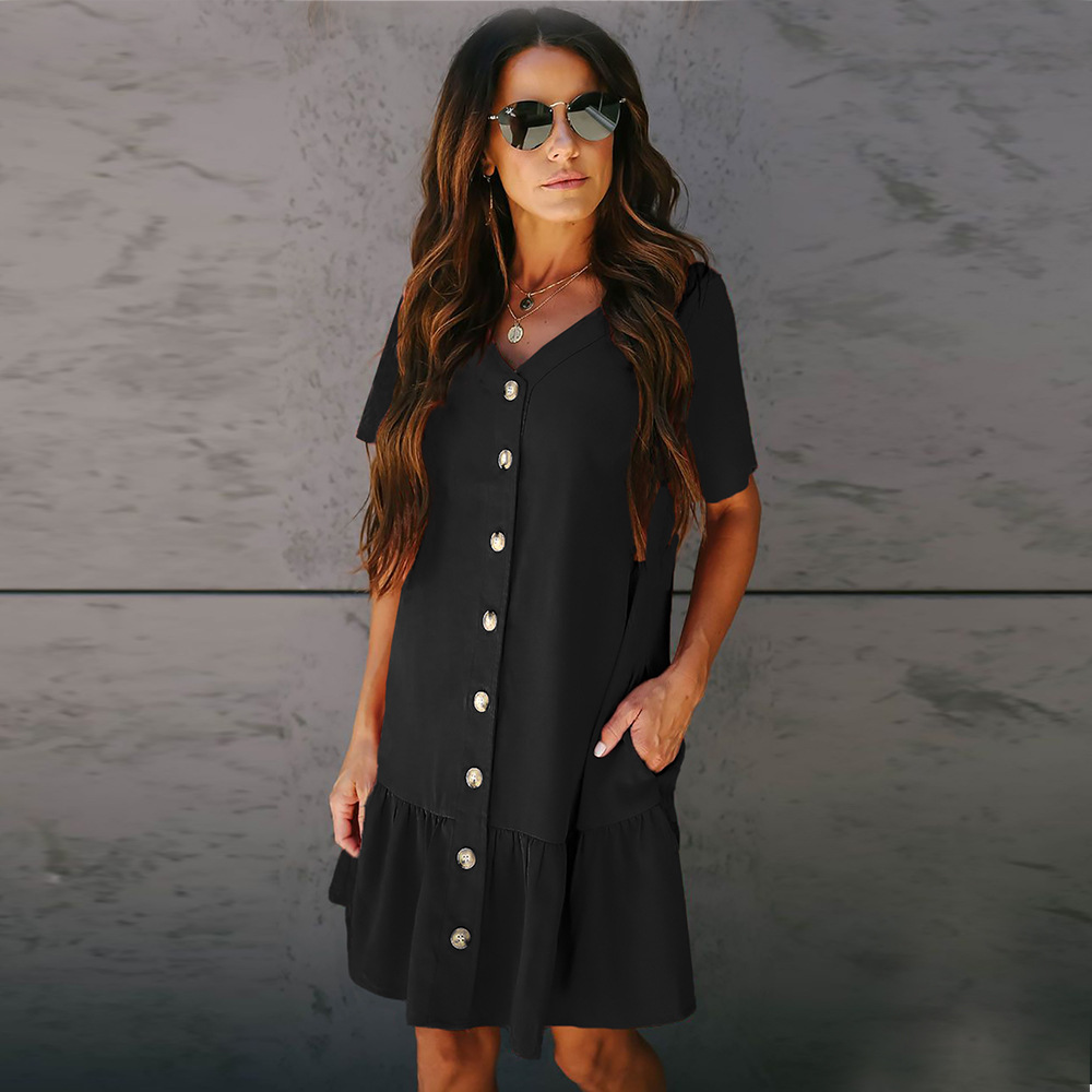Ruffled Hem Short Skirt V Neck Button Down Short Sleeve Knee Length Casual Summer Dress Wholesale Available