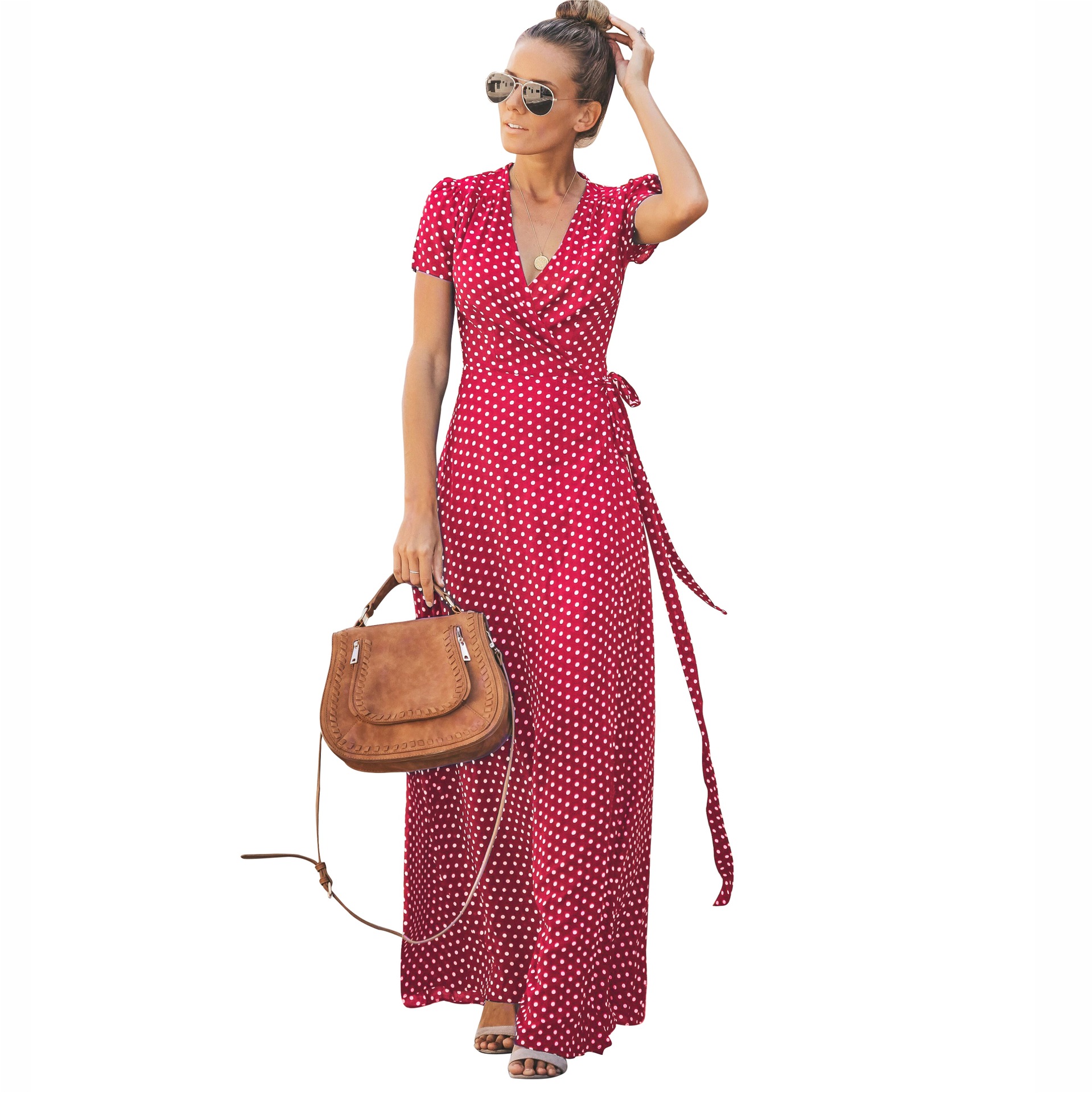 Summer Womens V Neck Floral Polka Dot Maxi Dress Short Sleeve Trendy Design Comfortable Fabric Perfect for Casual