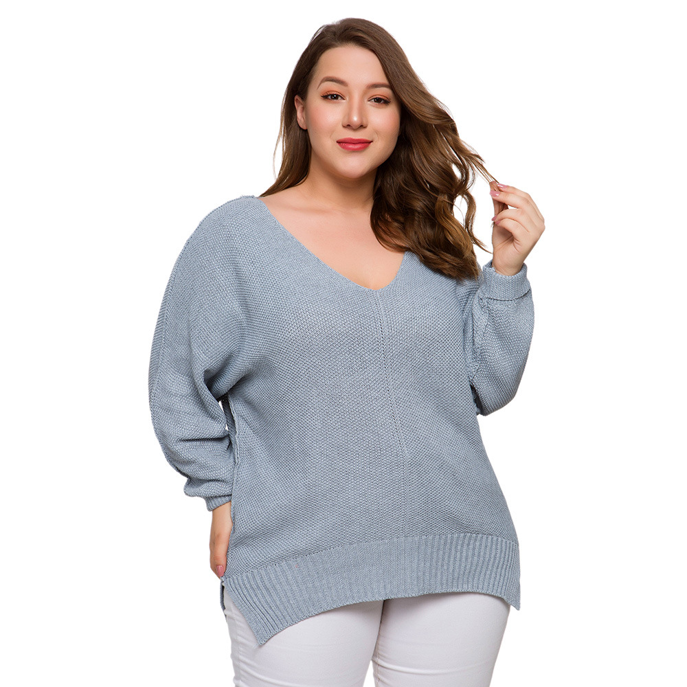 Plus Size Womens Knitted Sweater V Neck Split Hem Loose Fit Spring Summer Casual Wear Wholesale Available