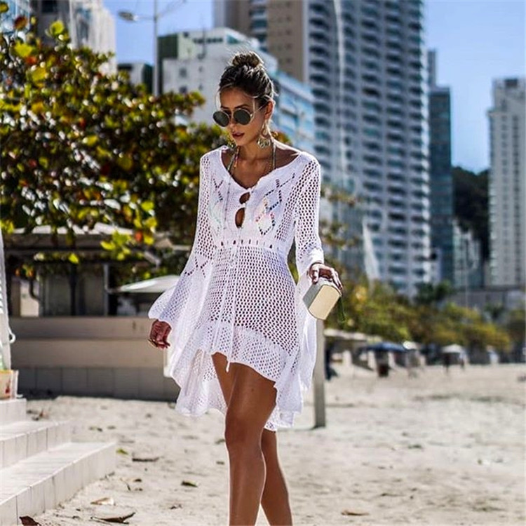 Irregular Deep V Sexy Hollow Out Knitted Beach Cover Up Dress Bell Sleeves Lightweight Fabric Summer Style Wholesale