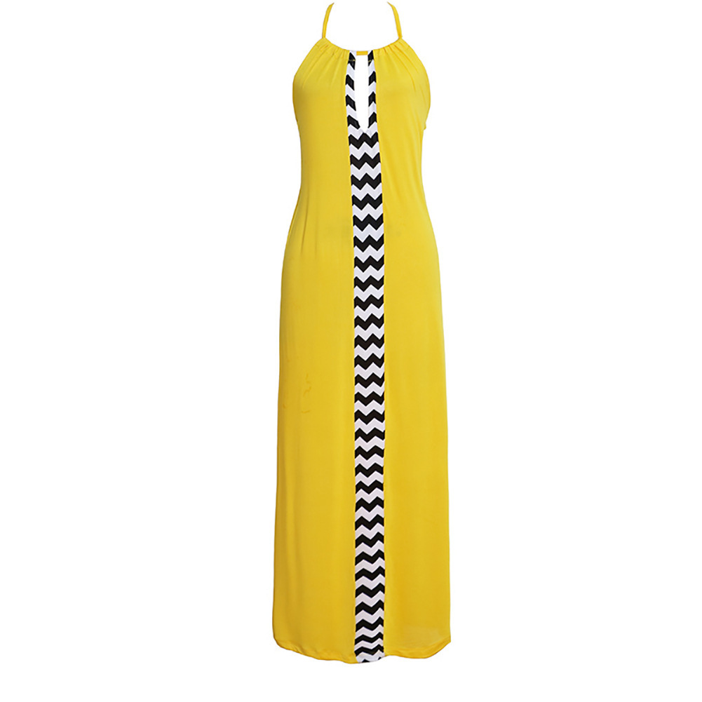 Summer Womens Maxi Dress Color Block Wave Print Backless Design Perfect for Beach Parties or Casual Outings