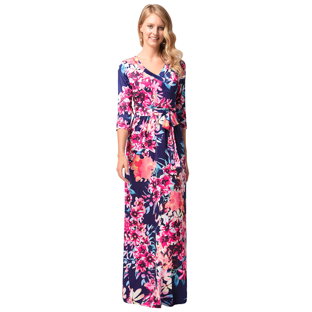 Summer Womens Long Dress Floral Print V Neck Midi Sleeve Flowy Design Perfect for Casual Outings Wholesale