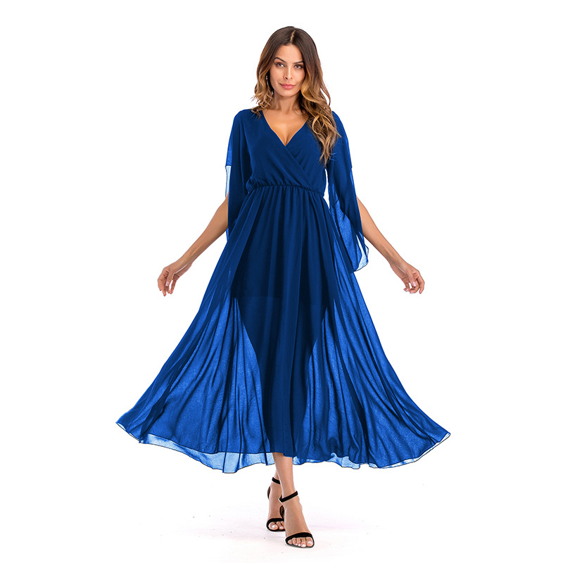 Womens Chiffon Maxi Dress Deep V Neck Color Block Flowy Design Spring Summer Fashion Wholesale Available