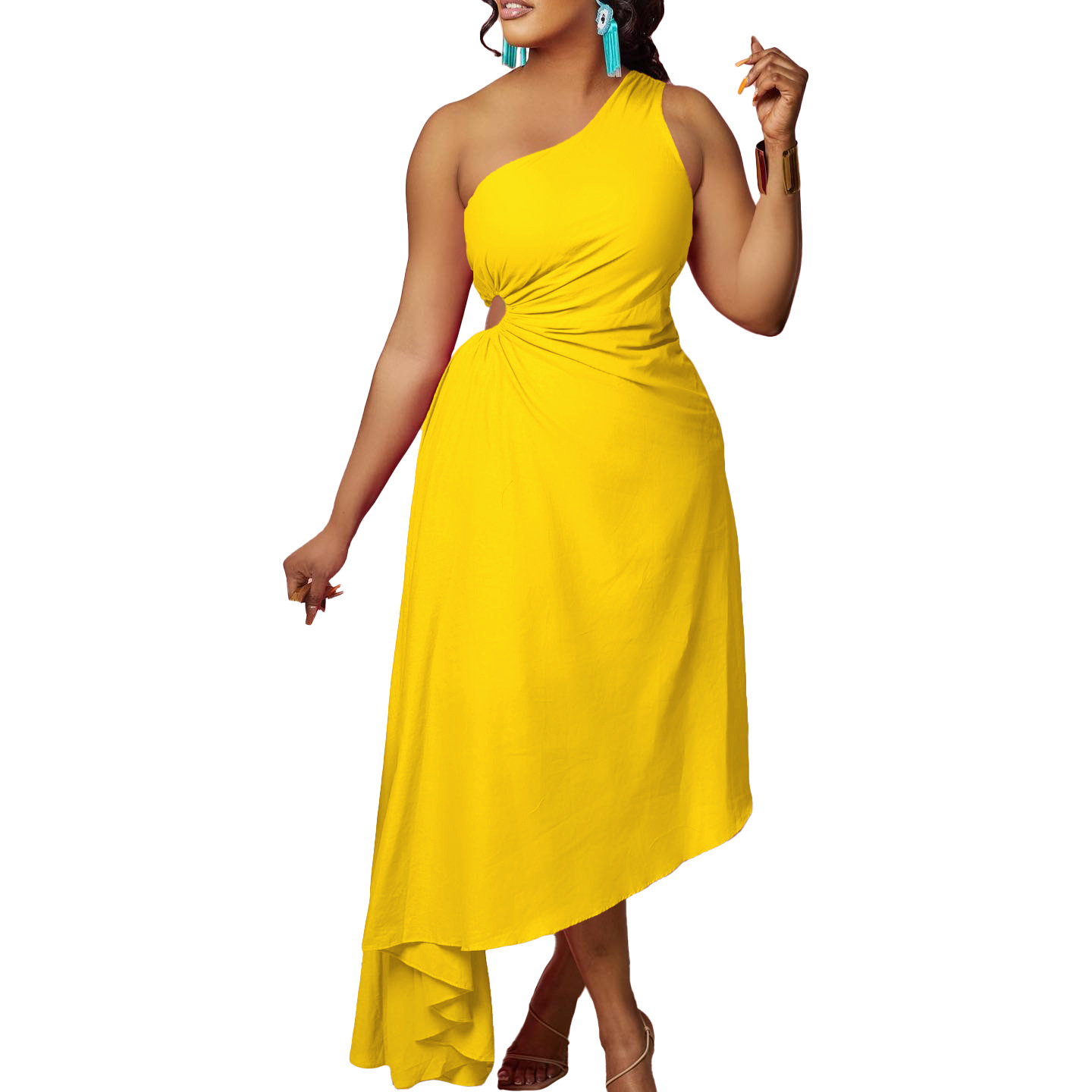 New Women's Plus Size Hollow Out Solid Color Irregular Hem One Shoulder Dress for Cross Border Fashion in Europe and America