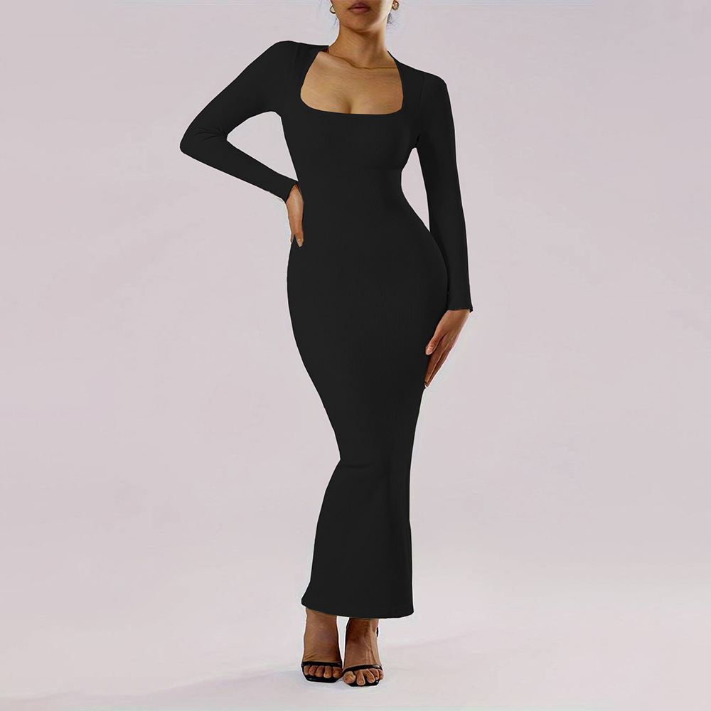 Square Neck Slim Fit Long Sleeve Knitted Bodycon Dress for Autumn and Winter