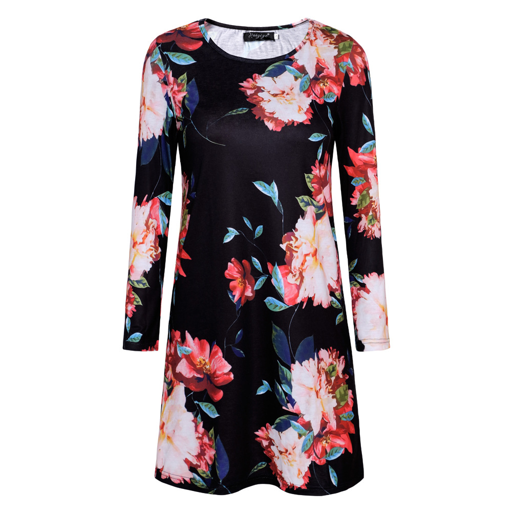 Womens Floral Print Long Sleeve Dress Round Neck Short Skirt Autumn Winter Fashion Wholesale Available