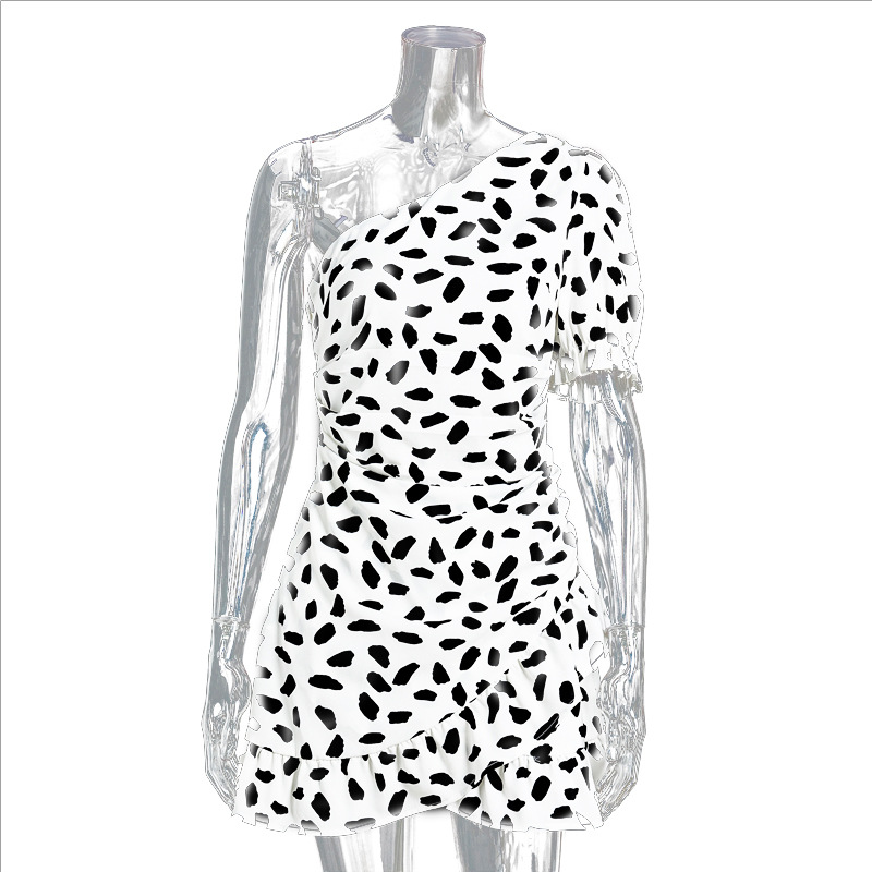 Off Shoulder Polka Dot Dress White Bodycon Fit Waist Cinching Short Length Perfect for Parties or Night Out Ready