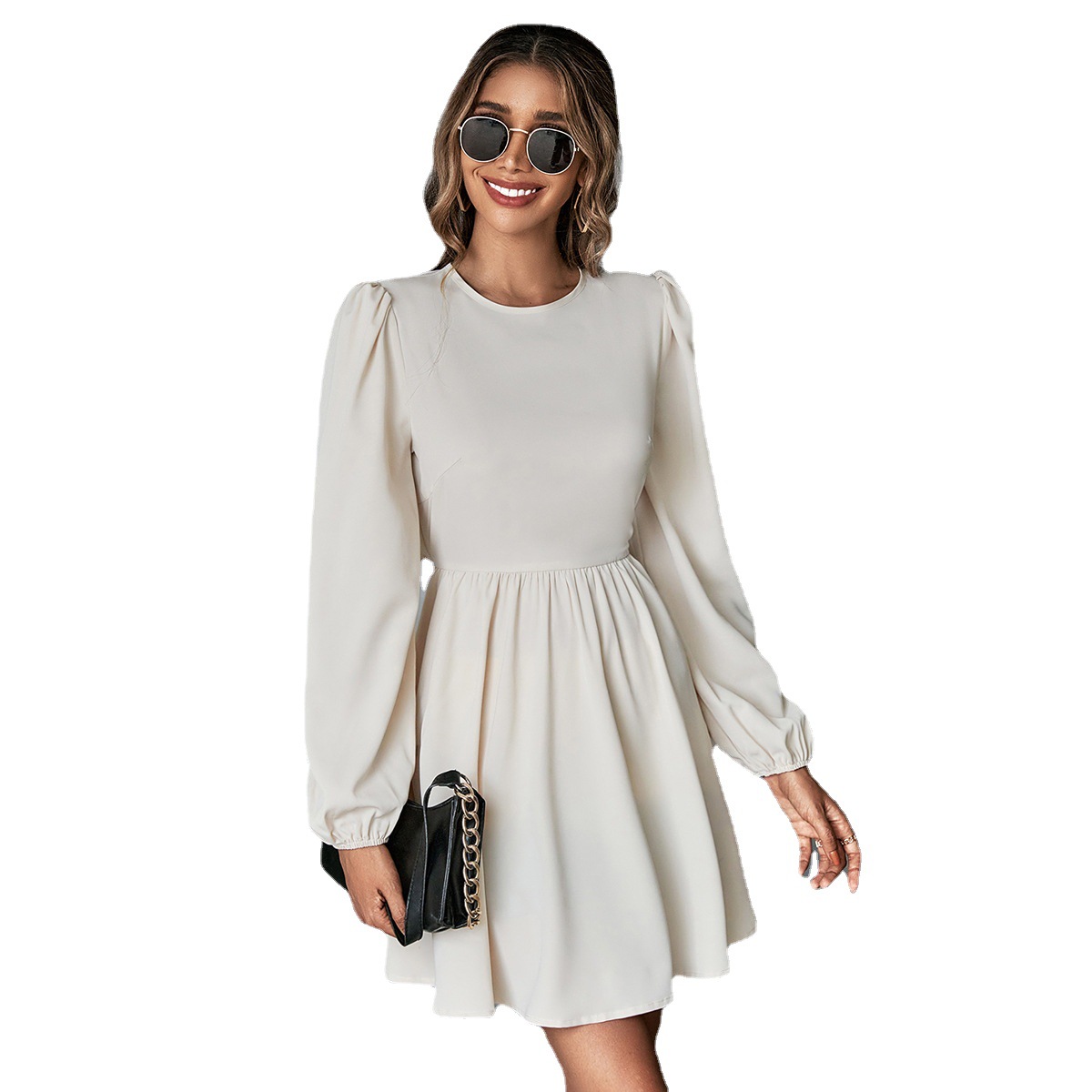 Fresh Sweet Waist Cinching A Line Dress with Sexy Back and Long Puff Sleeves