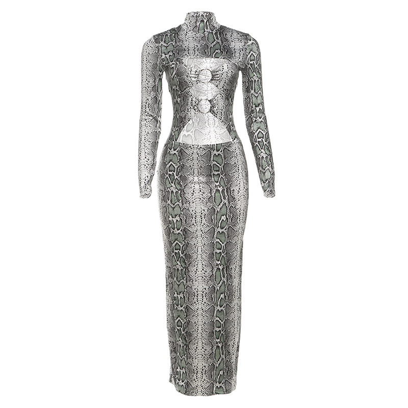 Fashionable High Neck Long Sleeve Bodycon Dress with Metal Buckle and Snake Print for Women in Autumn and Winter