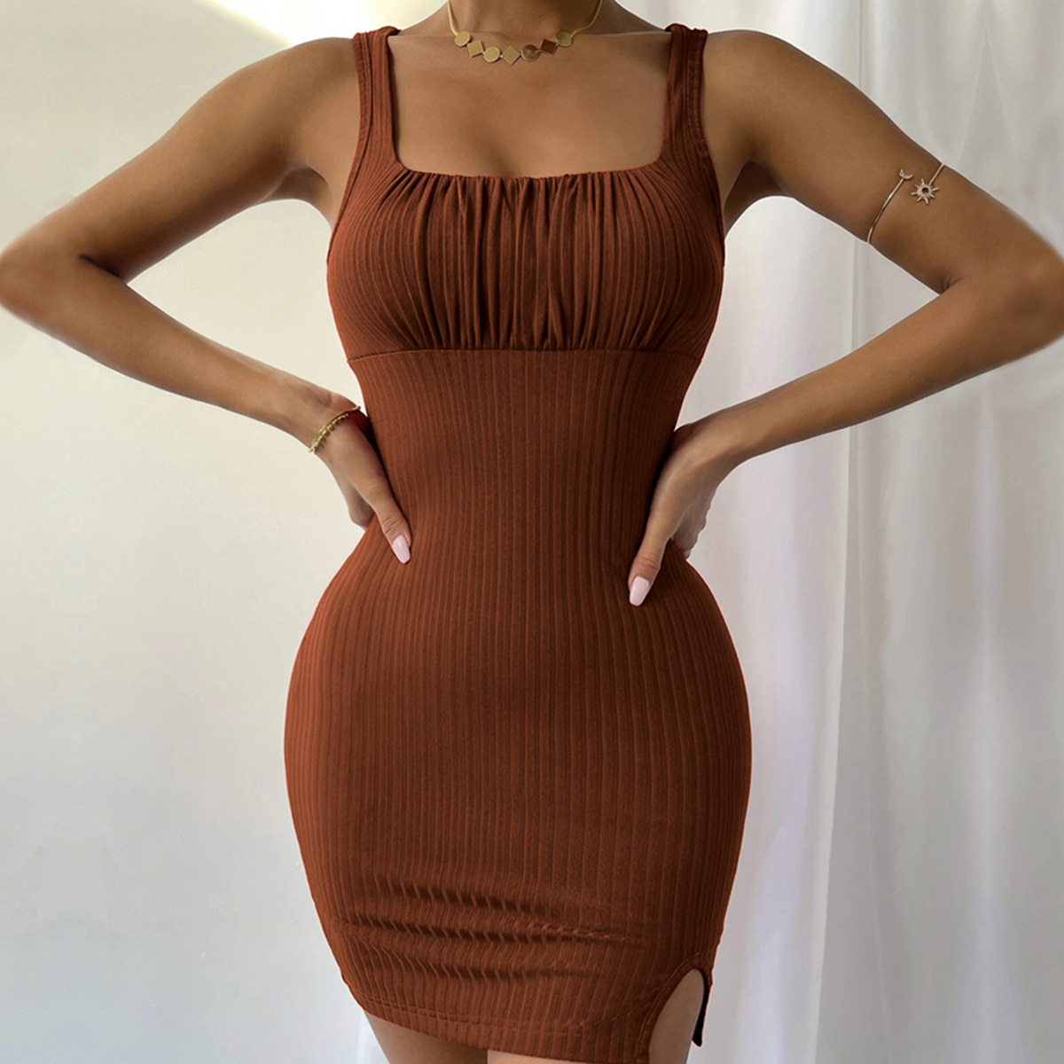 Spring Summer New Sexy Slit Slim Fit Temperament Camisole Knitted Dress Bodycon Dress for Women