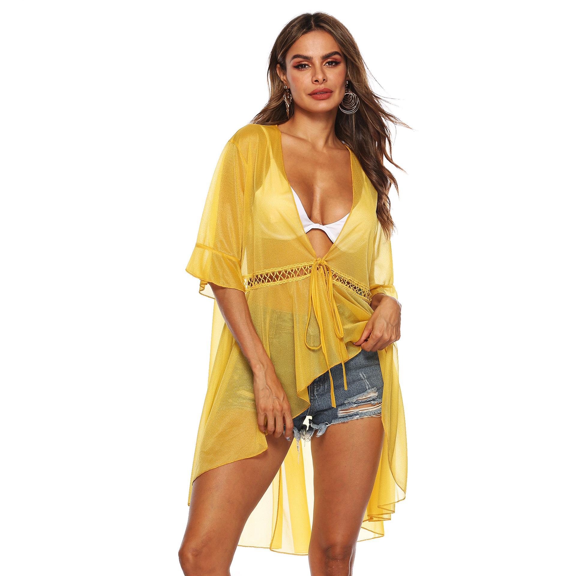Sheer Loose Fit Ruffled Sleeve Beach Cover Up Adjustable Tie Sun Protection Lightweight Fabric Summer Casual Wear