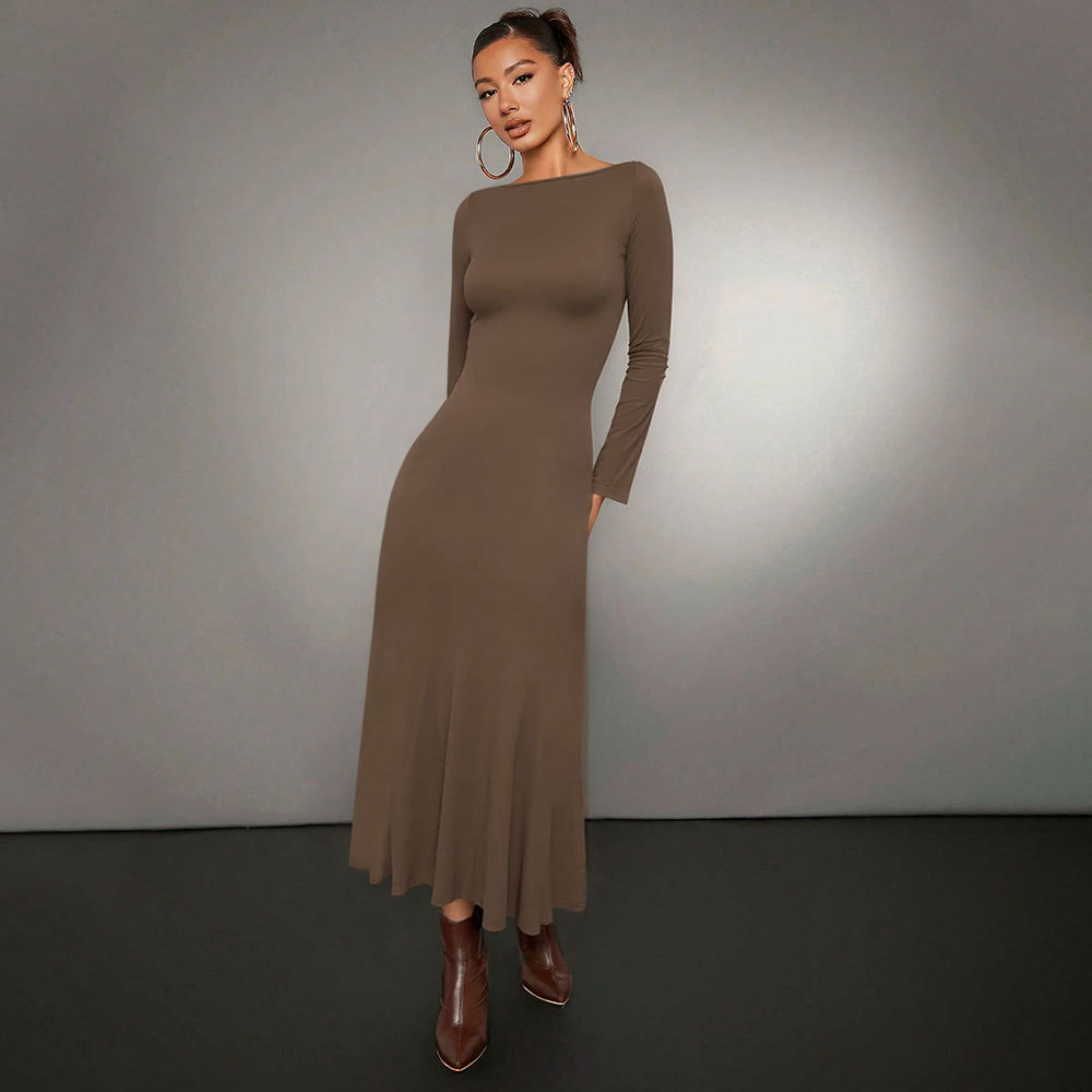 Solid Color Long Sleeve Dress Tight Fishtail Dress Off Shoulder Slim Fit Midi Dress