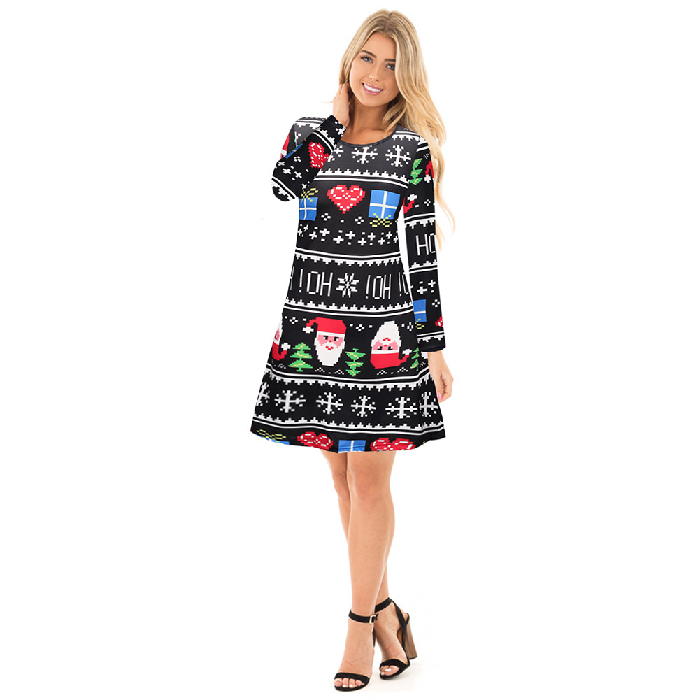 Christmas Dress for Women Long Sleeve Santa and Snowflake Print Mosaic Design Perfect for Holiday Parties Wholesale