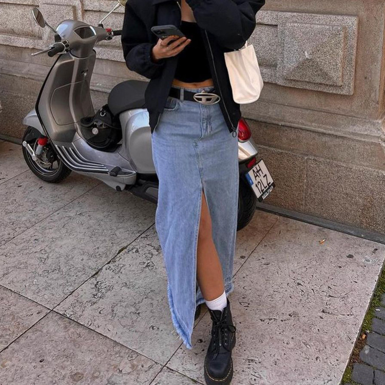Vintage High Waisted Denim Maxi Skirt Slim Fit Split Design Long Length Autumn Fashion for Women Wholesale Available