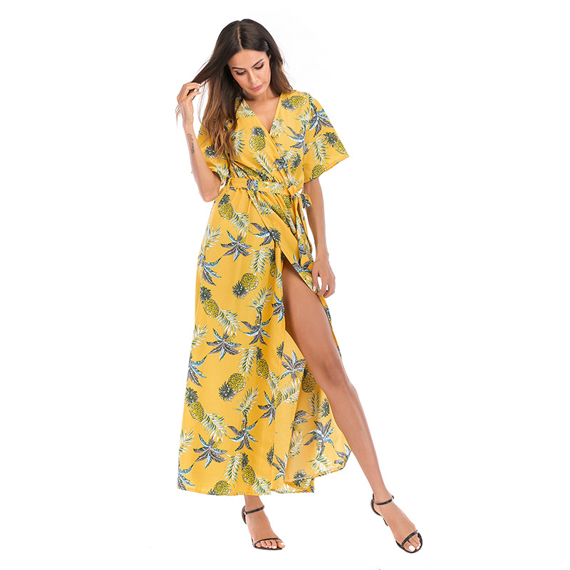 Floral Print Dress V Neck Short Sleeve Side Slit Summer Beach Vacation Wear Wholesale Available