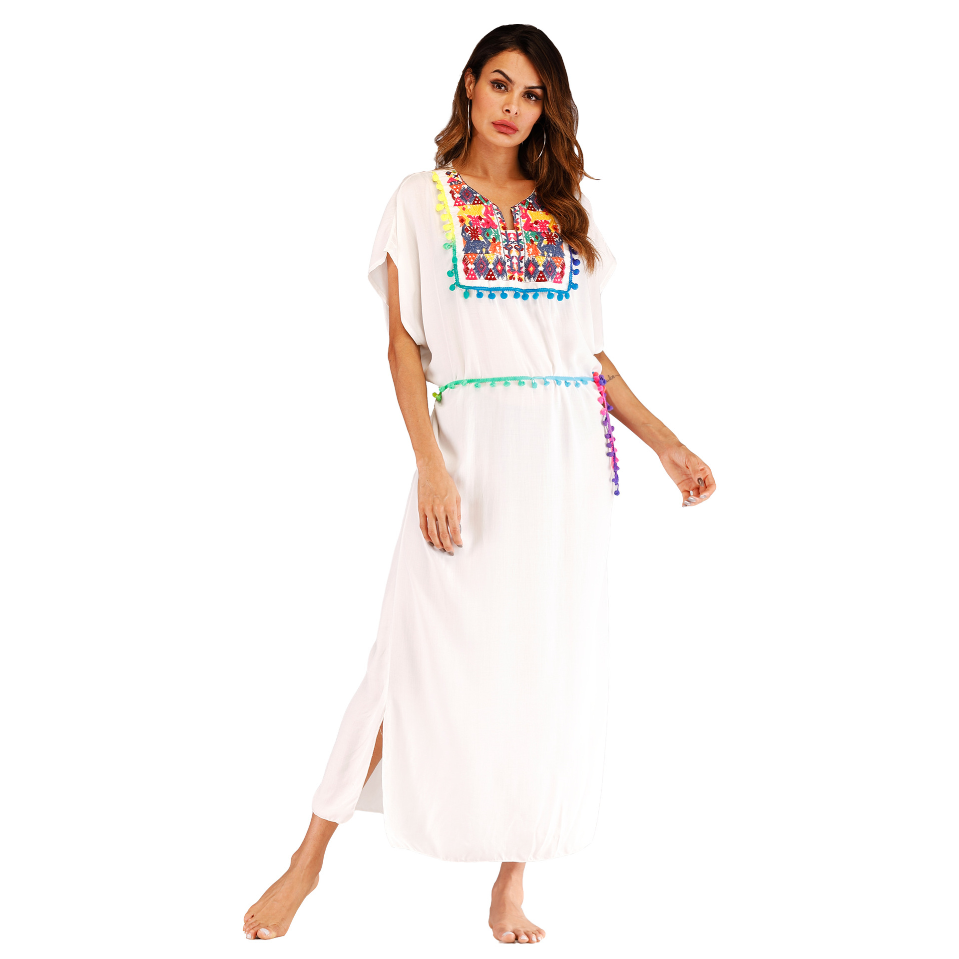Embroidered Colorful Tassel Split Long Beach Cover Up Dress Stylish Bohemian Design Perfect for Summer Vacations