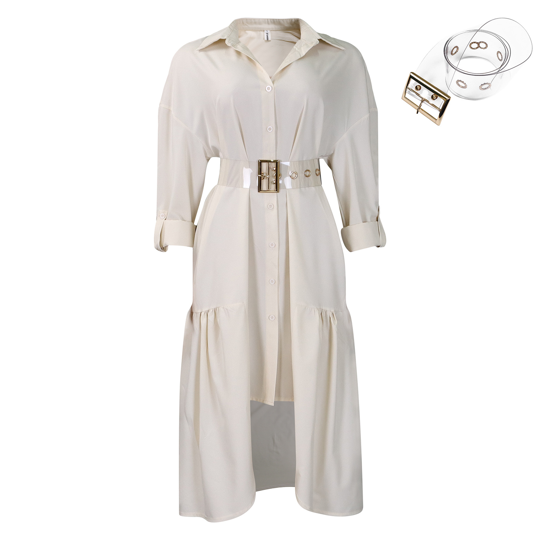 Fashionable Women's Loose Casual Button Up Shirt Dress with Lapel, Solid Color, Irregular Hem, European and American Style