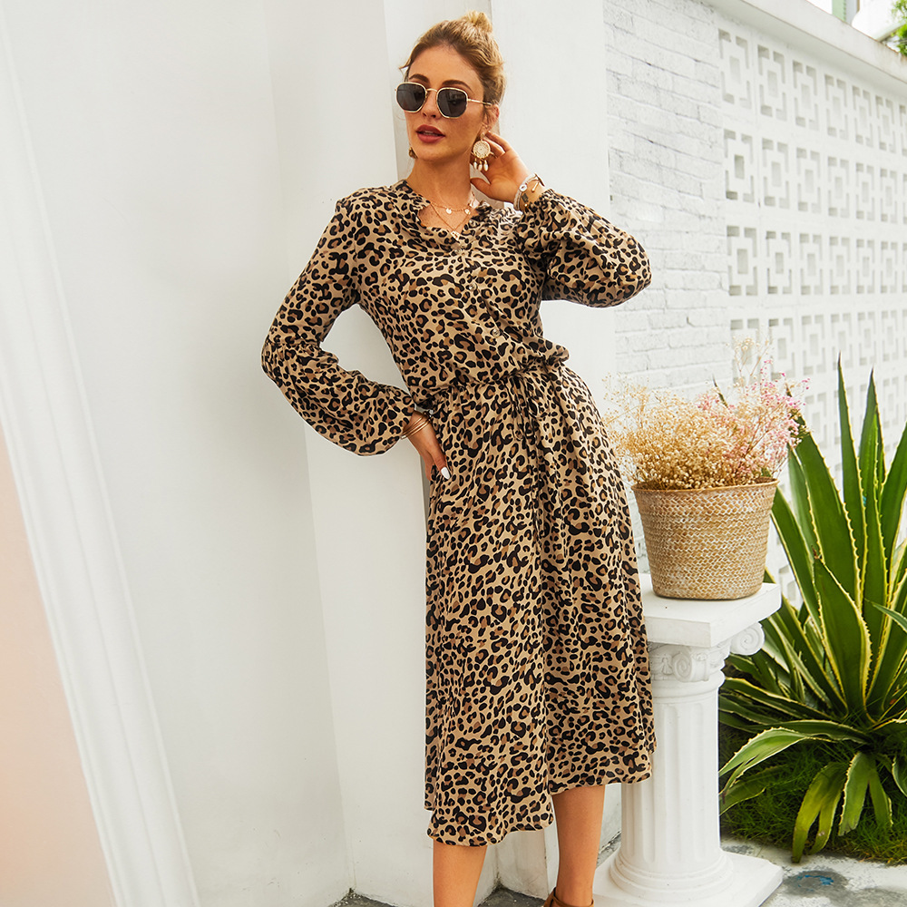 Leopard Print Long Sleeve Midi Dress Spring Summer Collection Casual Wear for Women Ready to Ship