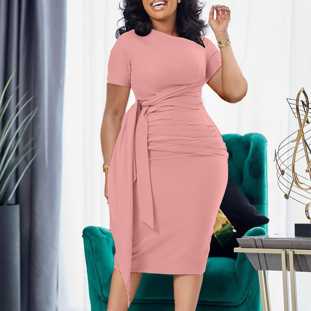 D3210 African Foreign Trade Women's Summer New Short Sleeve Fashion Pleated Elegant Tie Neck European and American Dress