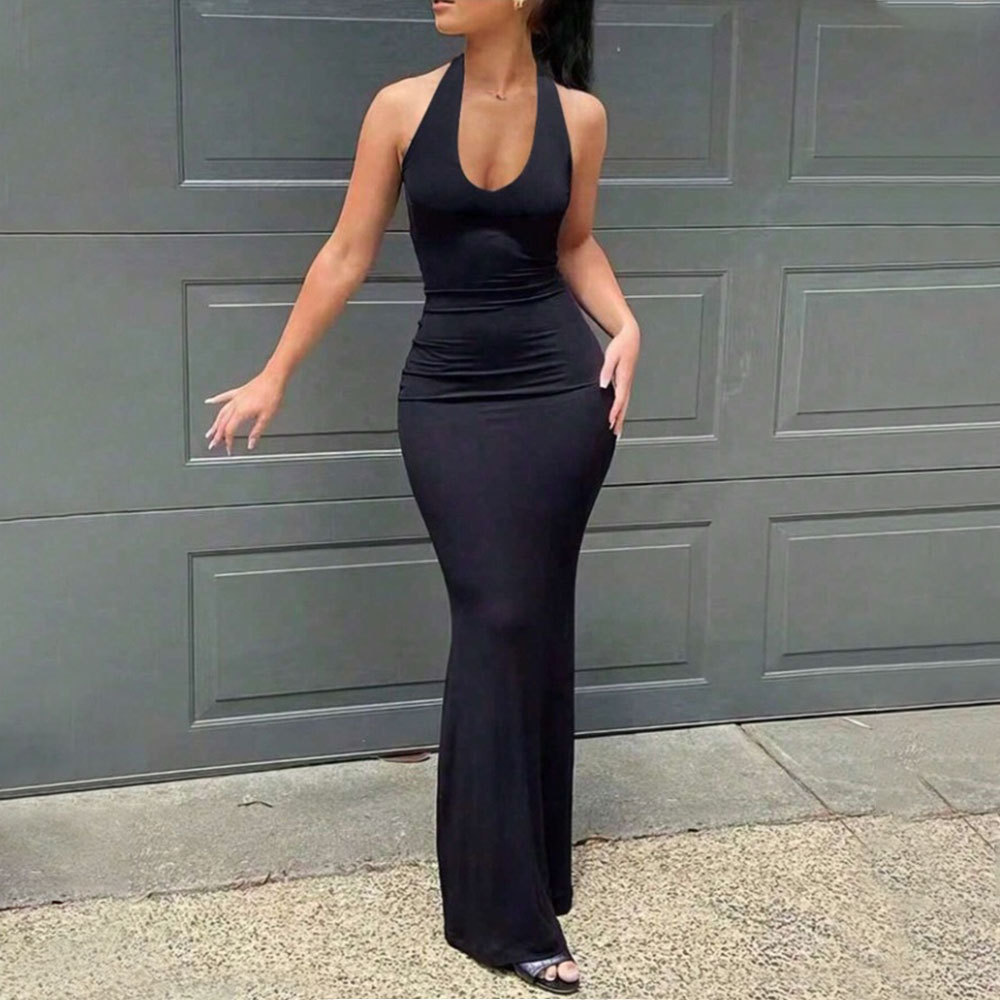 Summer Solid Color Slim Backless Sexy Halter Dress