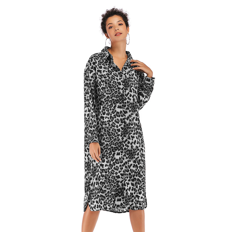 Womens Autumn Dress Long Sleeve Button Down Sexy Leopard Print Slim Fit Split Hem Casual or Party Wear