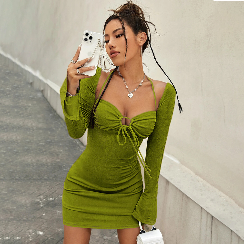 Hollow Out Tie up Split Back Long Sleeve Bodycon Dress