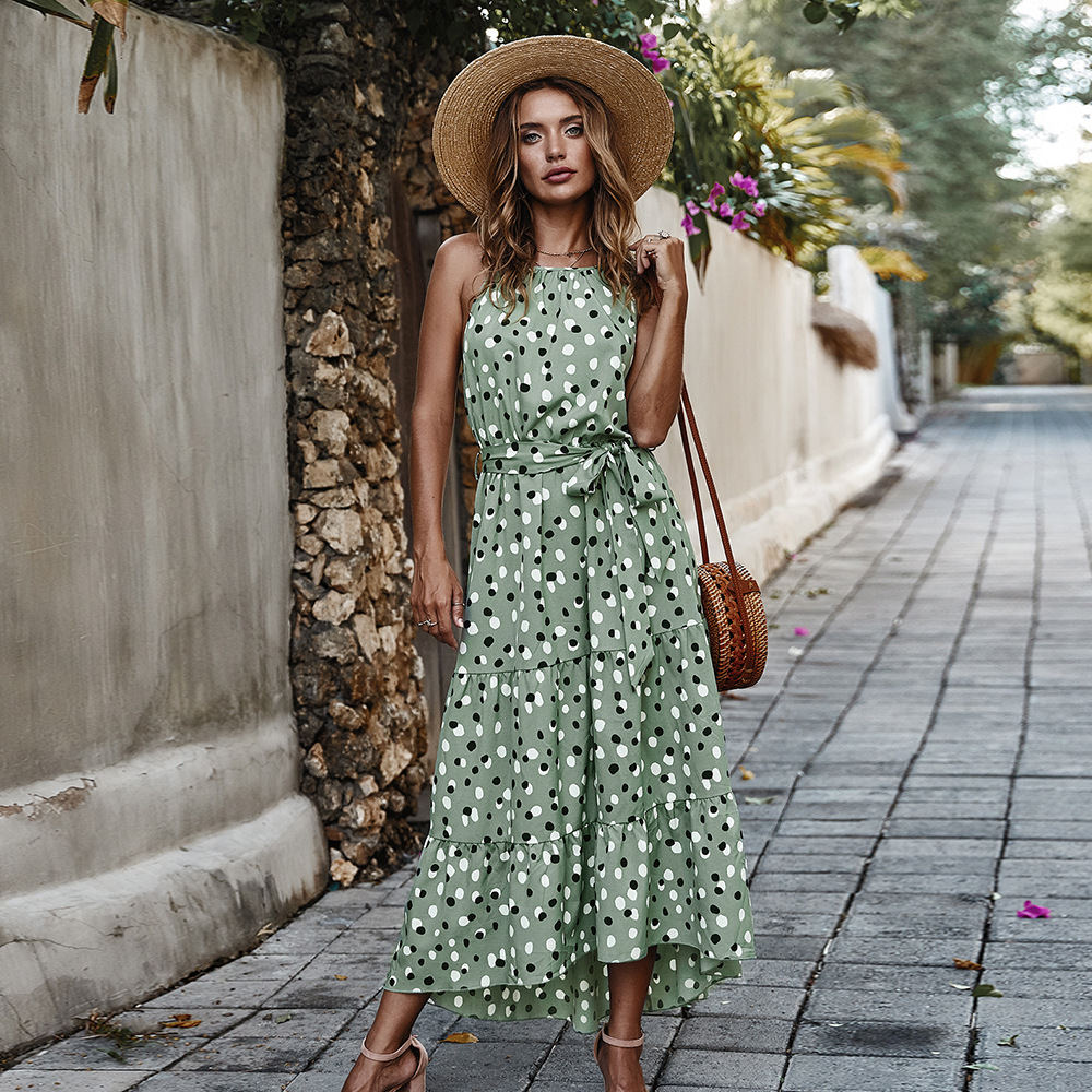 Polka Dot Maxi Dress Summer Vacation Style Flowy Silhouette Comfortable Fabric Wholesale Available