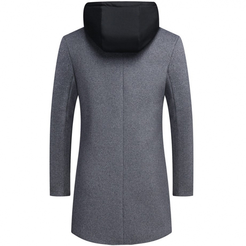 New Men's Korean Style Casual Woolen Coat Mid length with Detachable Hood Trendy Jacket