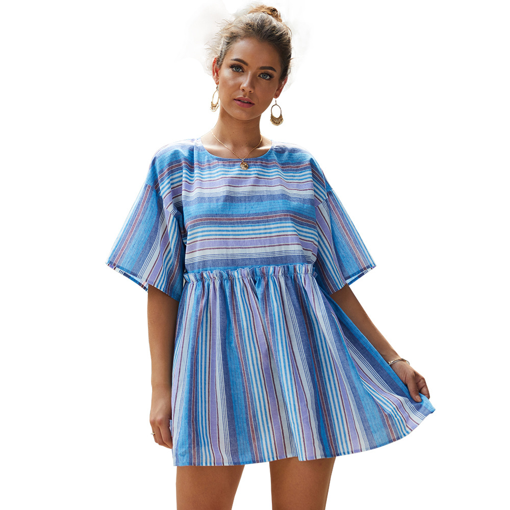 Womens Striped Color Block Dress Round Neck Short Sleeve Casual Style Perfect for Summer Events OEM Available