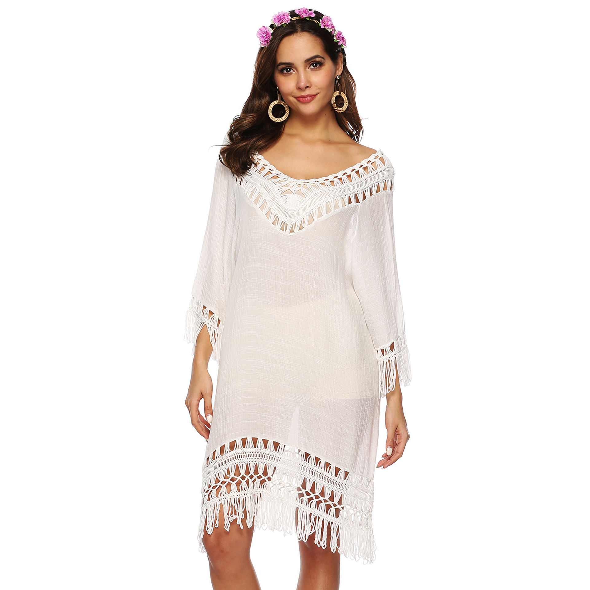 Deep V Hollow Out 3 4 Sleeve Fringe Patchwork Irregular Beach Cover Up Dress Lightweight Stylish Summer Essential