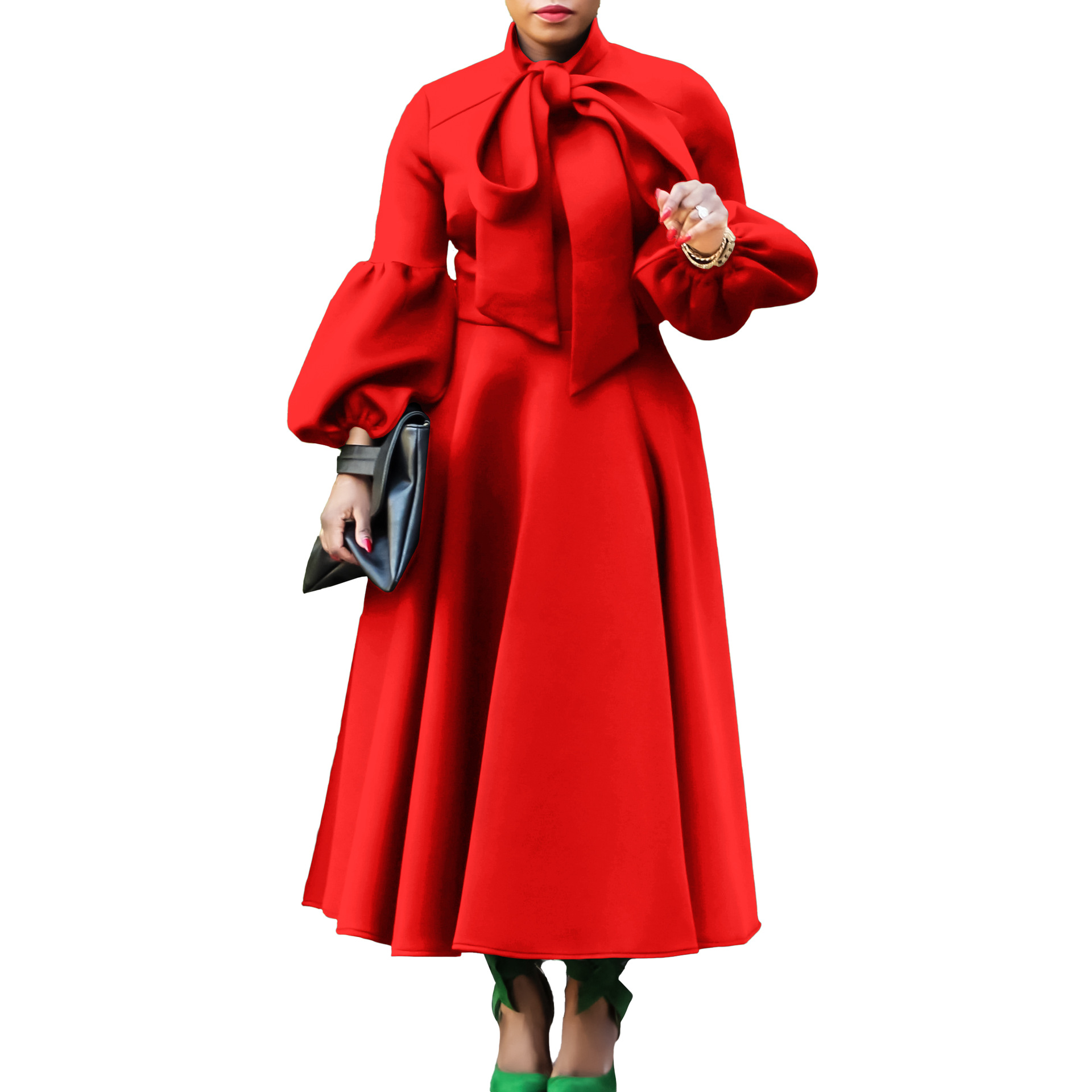 Plus Size Fashion Dress — High Waist, Lantern Sleeves, Bow Tie, Flowy Design — Spring Style — Wholesale Supply Terms