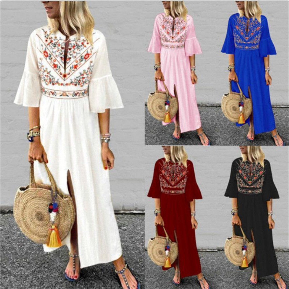 Bohemian A Line Dress Loose Fit Half Sleeve Floral Print Color Block Casual Wear for Summer Wholesale Available