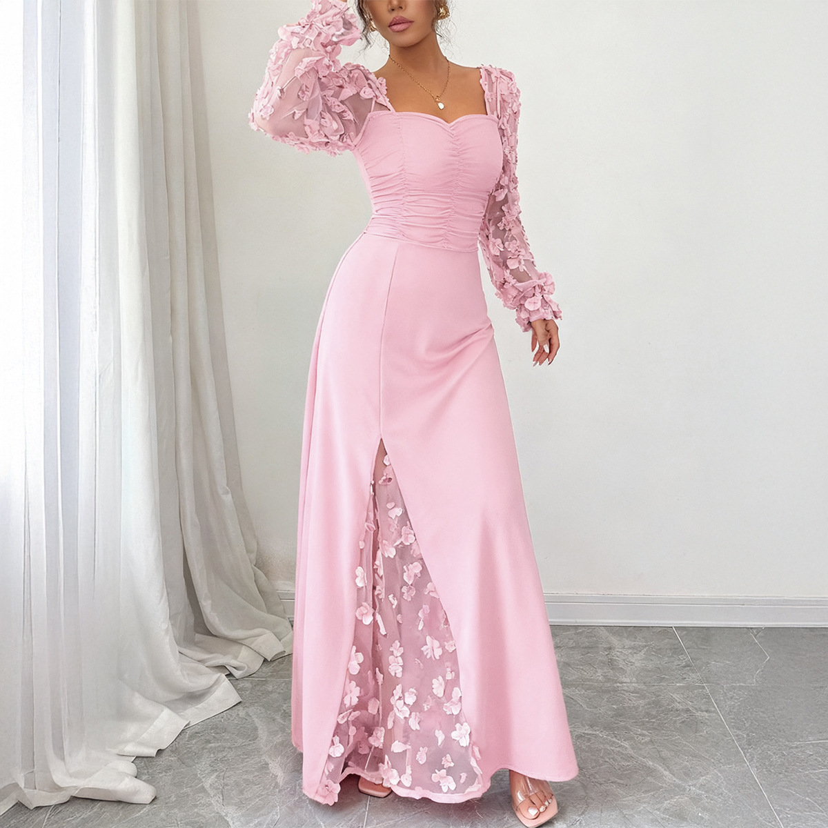 Elegant Hollow Out Long Sleeve Long Dress for Women