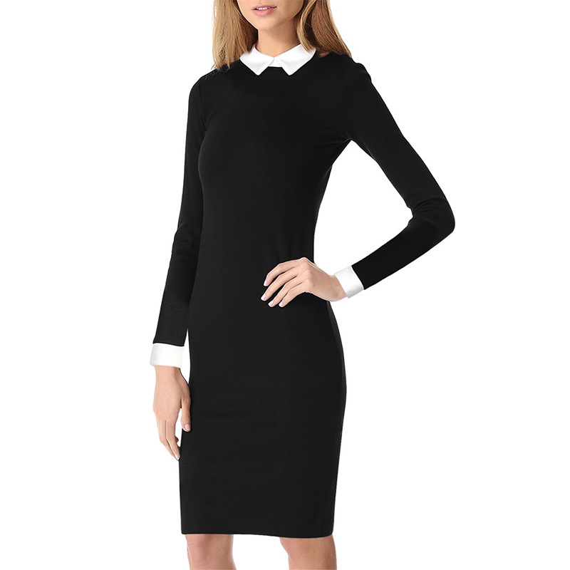Long Sleeve Pencil Dress Elegant Collar Form Fitting Autumn Winter Style Perfect for Business or Evening Events