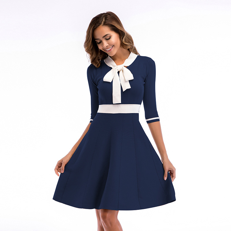 Womens Color Block Bow Collar Knit Dress Slim Fit Mid Length Flared Skirt Autumn Winter Casual Wear Wholesale