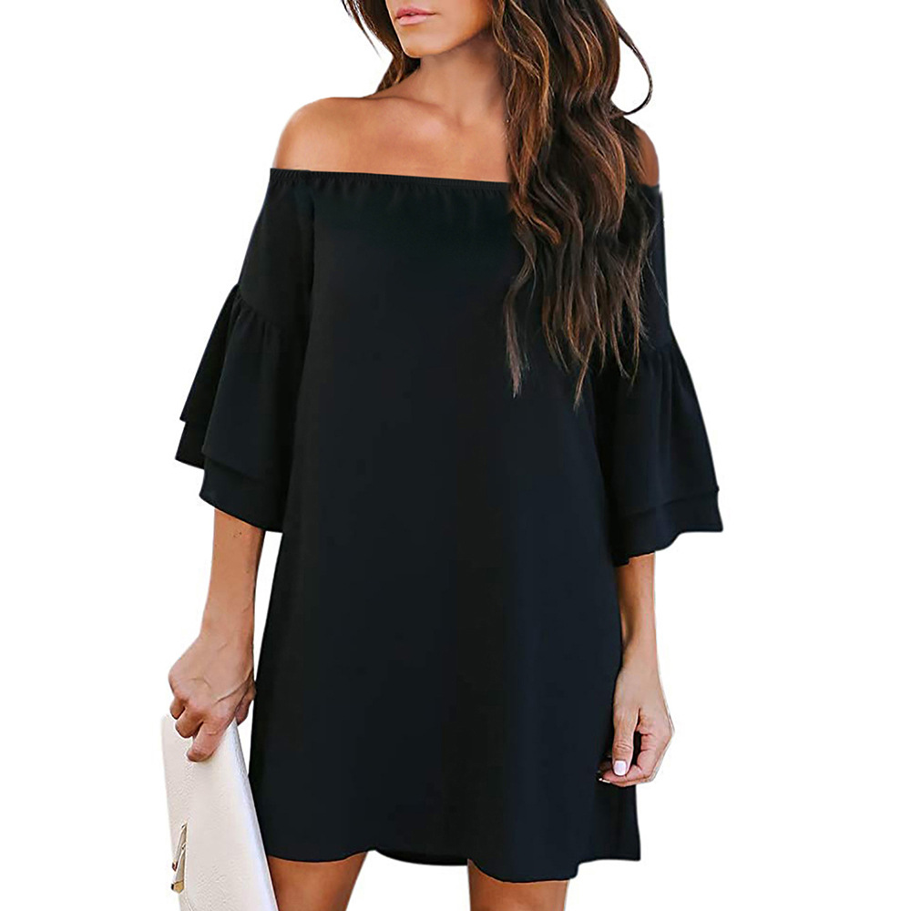 Off Shoulder Dress Ruffle Sleeve Solid Color Casual Style Perfect for Summer Outings Wholesale Available
