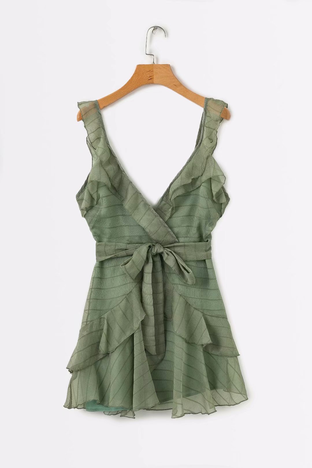 Layered Striped Ruffle Deep V Dress Elegant Fit and Flare Adjustable Tie Waist Summer Fashion Wholesale Available