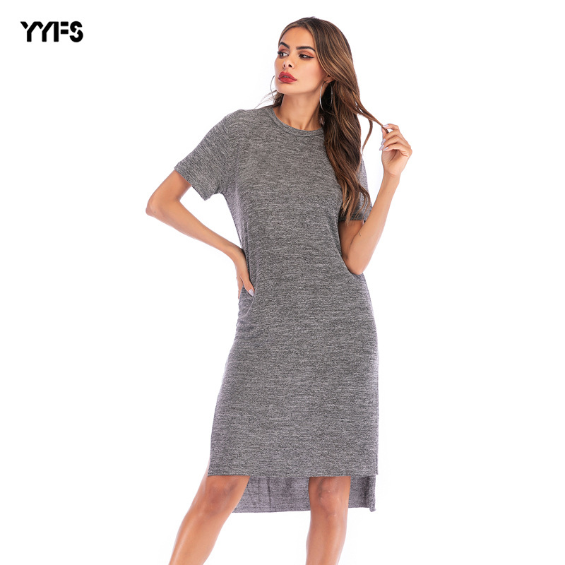 Womens Solid Color Midi Dress Short Sleeve Round Neck Side Slit Autumn Winter Fashion Wholesale Available