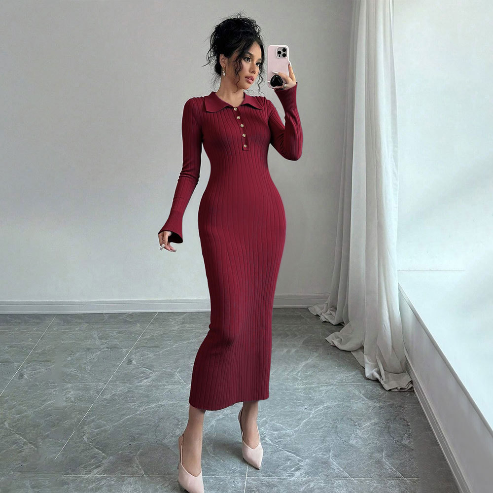 TK Autumn Winter Pure Desire Style Sexy Slimming Round Neck Long Sleeve Knitted Bodycon Dress