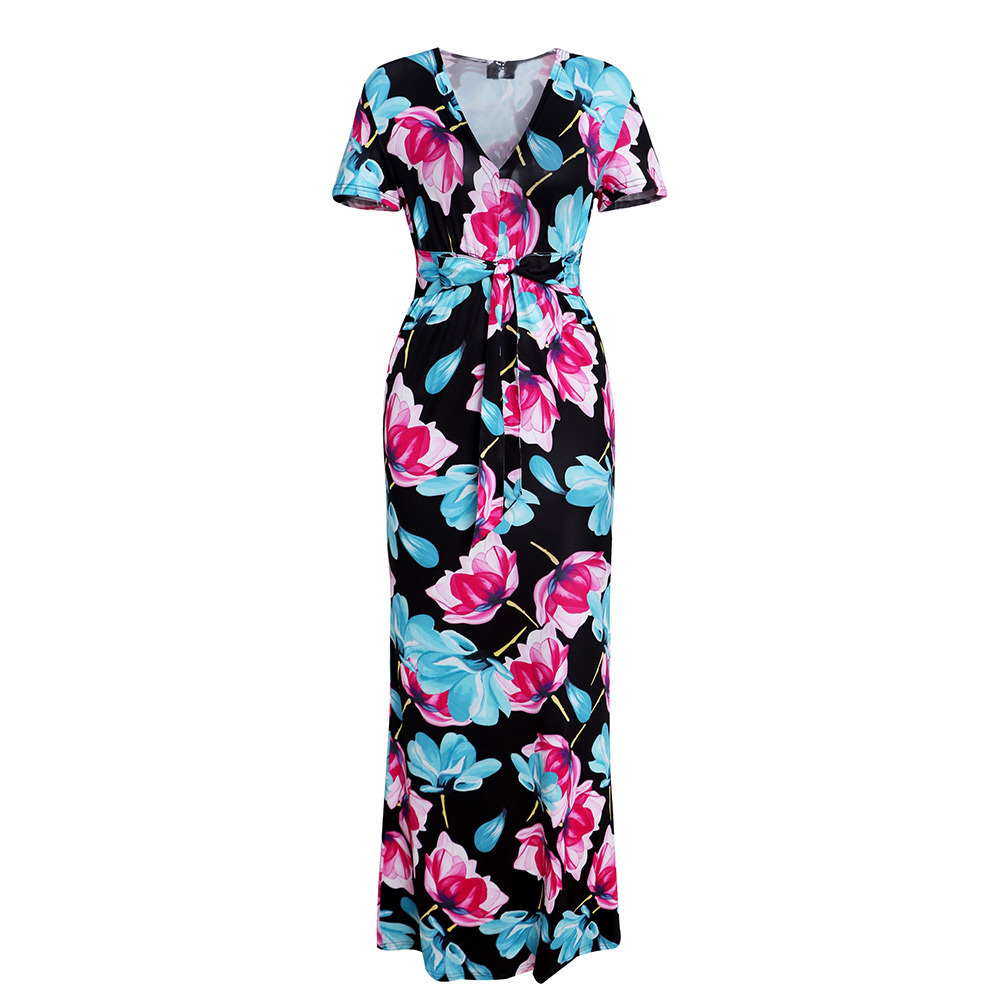 Womens Floral Maxi Dress Short Sleeve V Neck Tie Detail Spring Summer Fashion Wholesale Available