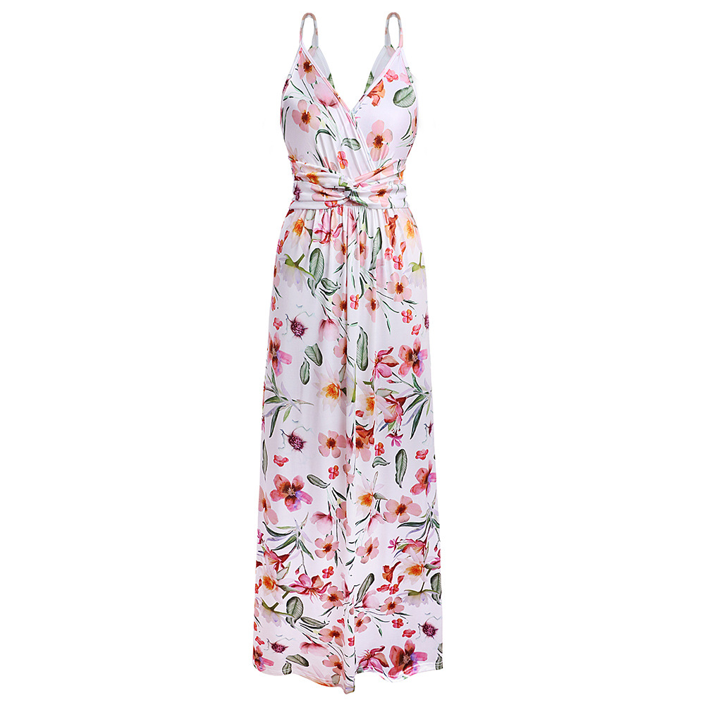 Womens Floral Print Maxi Dress V Neck Backless Sleeveless Summer Beachwear Wholesale Available