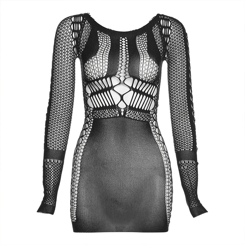 Spring Summer New European and American Women's Fashion Long Sleeve Net Yarn Sexy Slim Fit Bodycon Dress