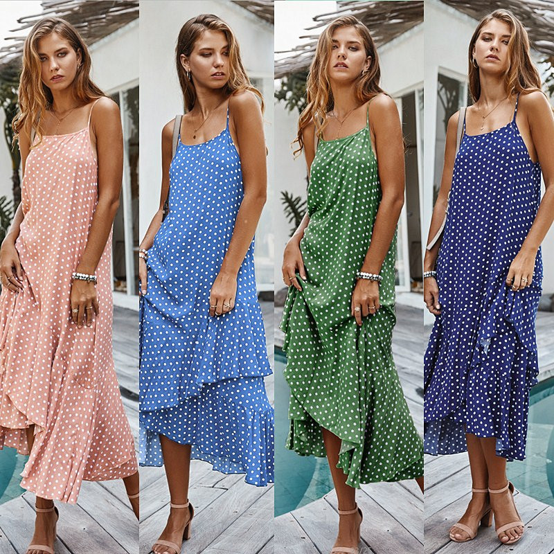 Bohemian Ruffle Hem Polka Dot Dress Original Design Spring Fashion Sleeveless Lightweight Fabric Perfect for