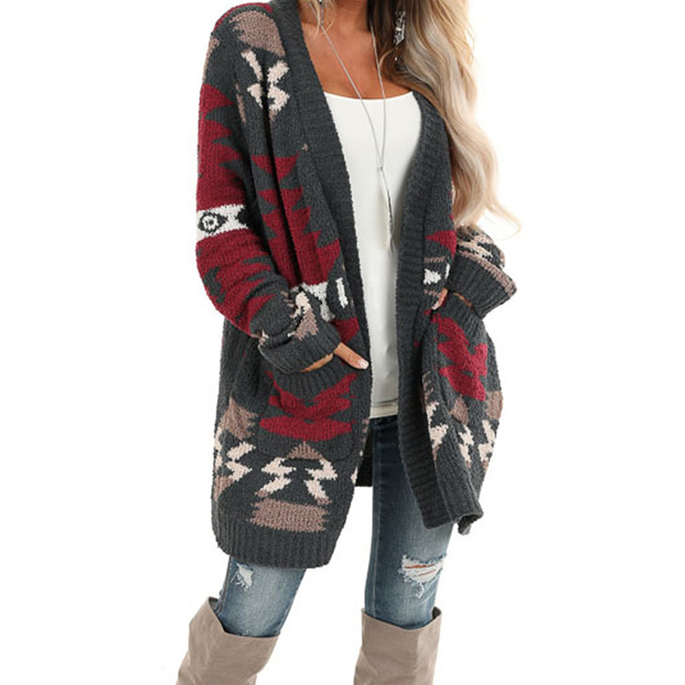 Womens Long Cardigan Sweater Winter Geometric Pattern Loose Fit Knit Fabric Wholesale Supply Available