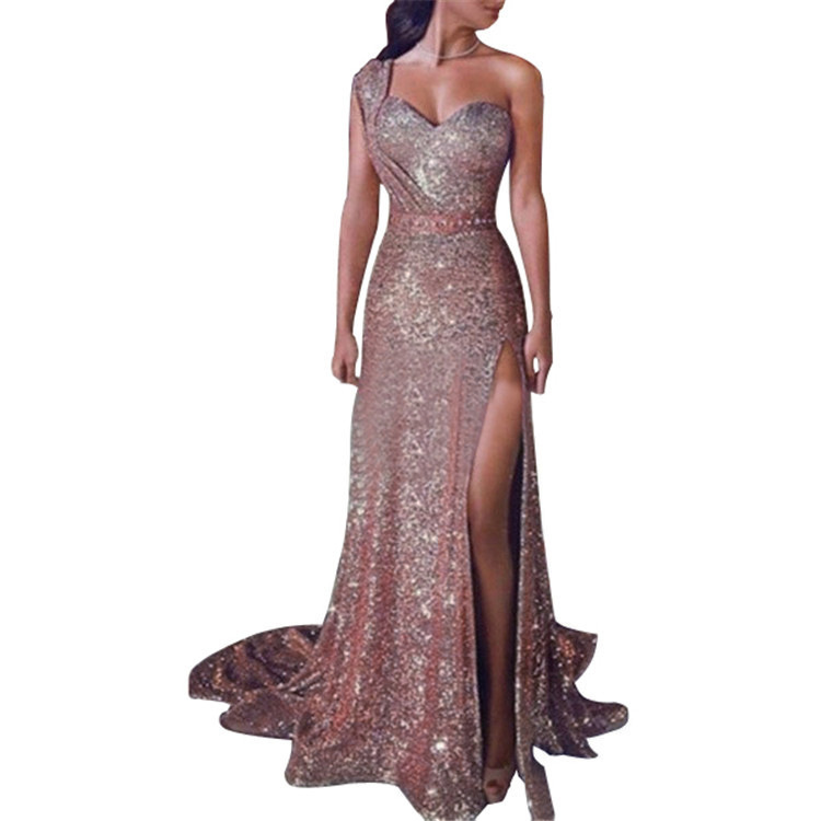 Elegant One Shoulder Sleeveless Dress Gold Foil Detail High Slit Long Length Perfect for Evening Events Wholesale