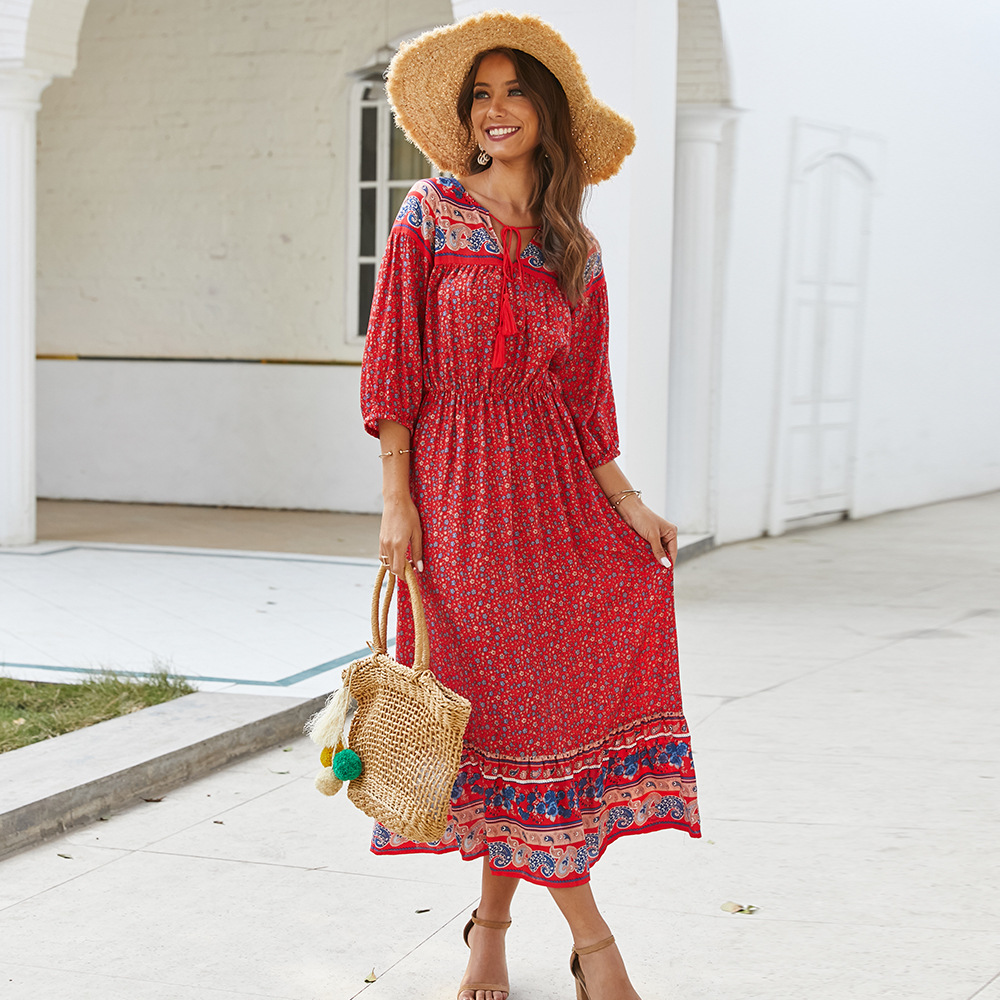 Bohemian Floral Print Dress Original Design Lightweight Fabric Summer Style Perfect for Casual Outings Wholesale