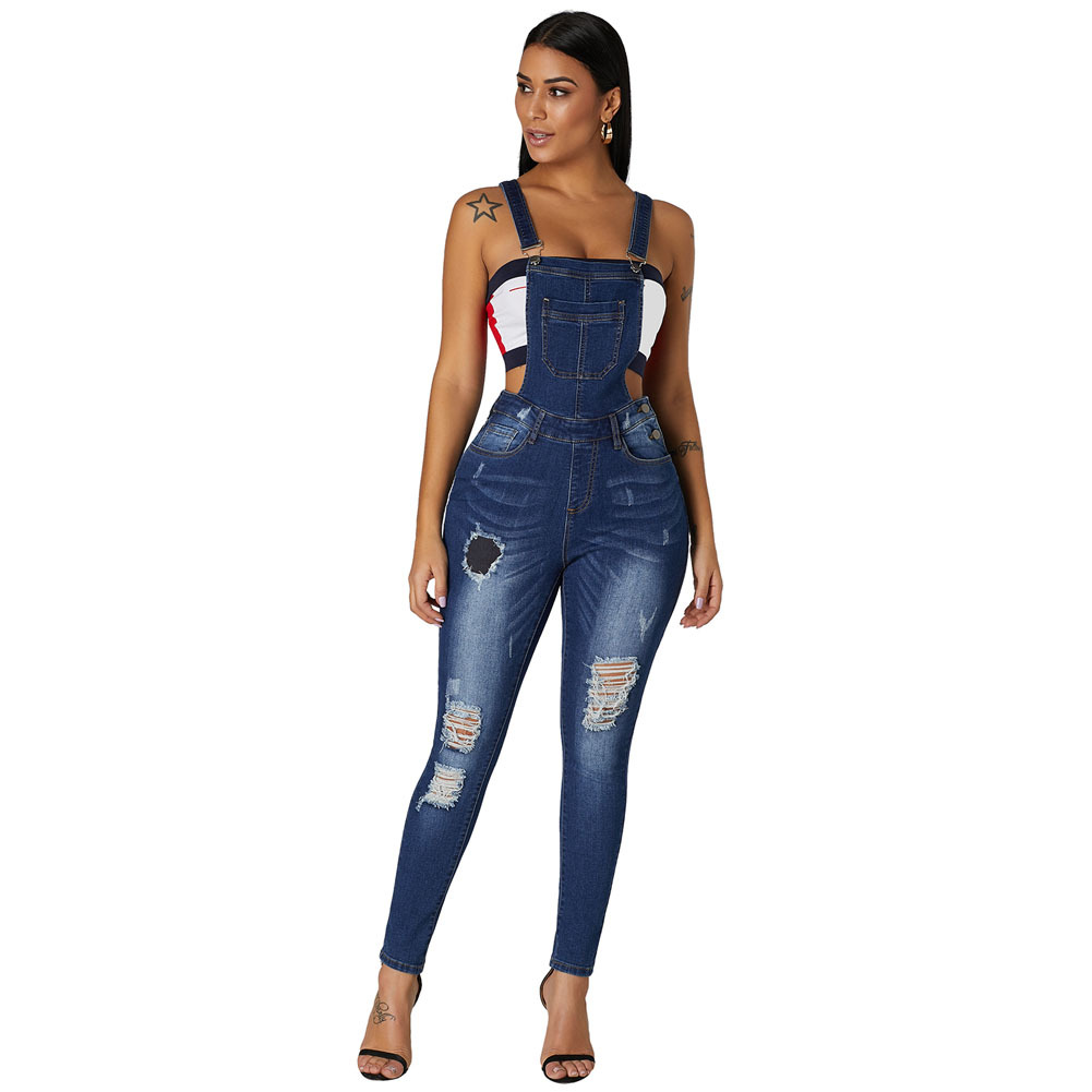 Fashionable Womens Denim Overalls Slim Fit Distressed Design Versatile Style Casual Wear Ready to Ship